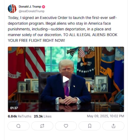 El presidente de Estados Unidos, Donald Trump, escribió el viernes en su plataforma Truth Social que firmó una orden ejecutiva para "lanzar el primer programa de autodeportación"