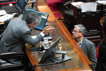 El Presidente de la Cámara de Diputados, Martín Menem, dialoga con el diputado opositor Germán Martínez