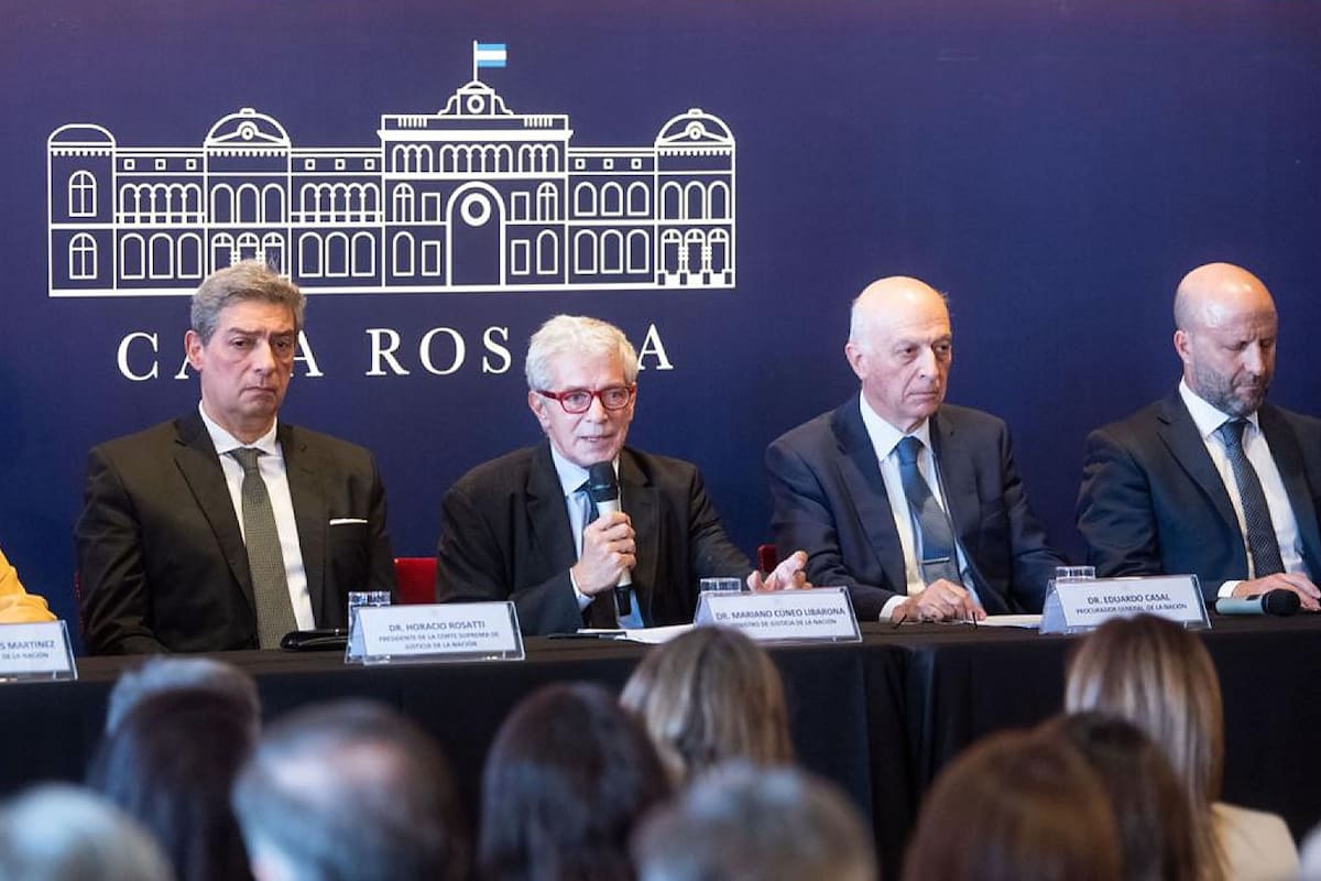 El presidente de la Corte, Horacio Rosatti; el ministro de Justicia, Mariano Cúneo Libarona; el procurador general interino, Eduardo Casal, y el presidente de la Cámara Federal de Casación, Mariano Borinsky, en marzo, en un acto en la Casa Rosada por el sistema acusatorio