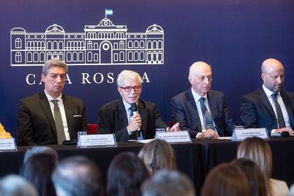 El presidente de la Corte, Horacio Rosatti; el ministro de Justicia, Mariano Cúneo Libarona; el procurador general interino, Eduardo Casal, y el presidente de la Cámara Federal de Casación, Mariano Borinsky, en marzo, en un acto en la Casa Rosada por el sistema acusatorio
