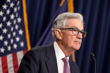 El presidente de la Fed, Jerome Powell, en la conferencia de prensa en Washington.  (Drew Angerer / GETTY IMAGES NORTH AMERICA / Getty Images via AFP)
