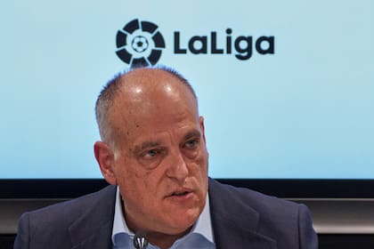 El presidente de la liga española Javier Tebas, en una conferencia de prensa en Madrid