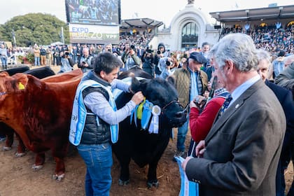El presidente de la SRA, Nicolás Pino, entregó la cucarda al cabañero del Gran Campeón