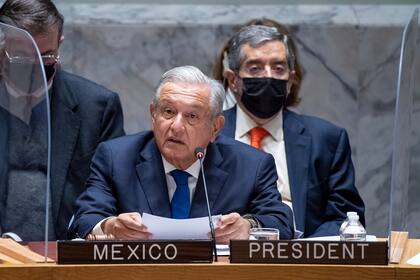 El presidente de México, Andrés Manuel López Obrador, se dirige al Consejo de Seguridad de las Naciones Unidas el martes 9 de noviembre de 2021. Los presidentes de México y Estados Unidos y el primer ministro de Canadá se reunirán la semana que viene en Washington para tratar temas sanitarios, económicos y de migración y desarrollo. (Foto ONU/Eskinder Debebe vía AP)