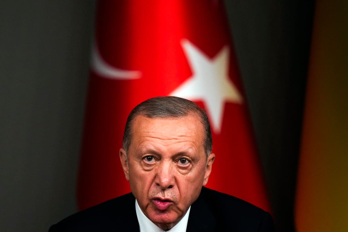 El presidente de Turquía, Recep Tayyip Erdogan, habla con los periodistas durante una conferencia de prensa conjunta con el presidente de Ucrania, Volodimir Zelensky, tras su reunión en Estambul, Turquía, el sábado 8 de julio de 2023. (AP Foto/Francisco Seco, Archivo)