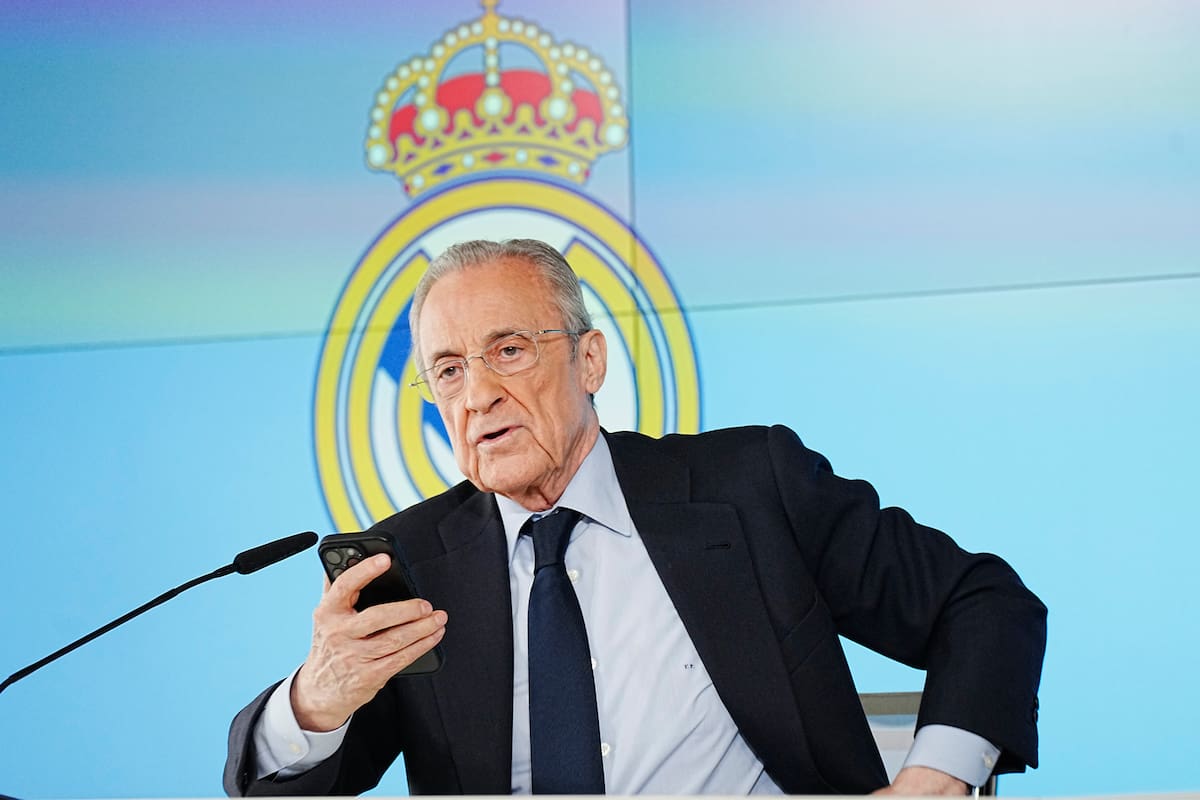 El presidente del Real Madrid, Florentino Pérez, durante una rueda de prensa de este martes en Madrid