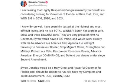 El presidente Donald Trump anticipó que Byron Donalds sería un "gran y poderoso gobernador" en Florida