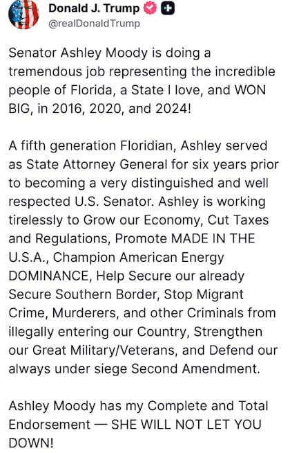 El presidente Donald Trump aseguró que Ashley Moody no va a defraudar a los floridanos