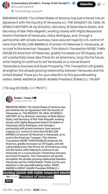 El presidente Donald Trump aseguró que EE.UU. tendría control de hasta 65 mil millones de barriles de reservas probadas de petróleo en Venezuela