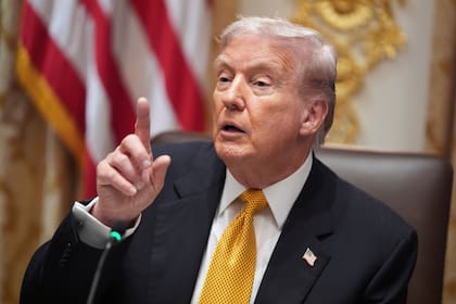 El presidente Donald Trump habla con los periodistas durante una reunión en el Salón del Gabinete de la Casa Blanca