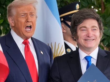 El presidente Donald Trump saluda a su par argentino, Javier Milei, en la Casa Blanca