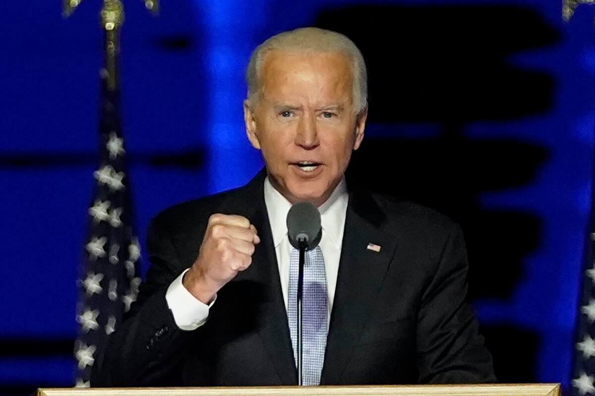El presidente electo de Estados Unidos, Joe Biden, pronuncia un discurso en Wilmington, Delaware, el 7 de noviembre de 2020, luego de ser declarado ganador de las elecciones presidenciales