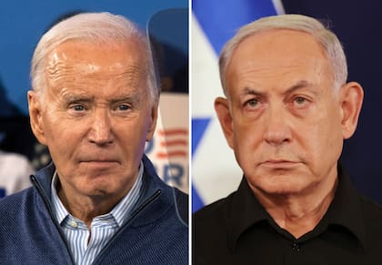 El presidente estadounidense Joe Biden, a la izquierda, el 8 de marzo de 2024 en Wallingford, Pensilvania, y el primer ministro israelí Benjamin Netanyahu en Tel Aviv, Israel, el 28 de octubre de 2023. (Foto AP)