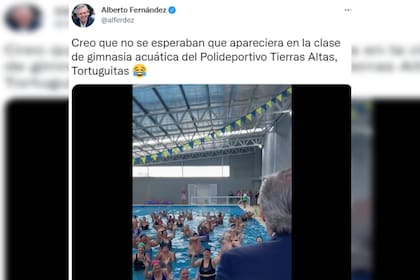 El presidente fue a una clase de aquagym (Foto Twitter @alferdez)
