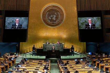 El presidente guatemalteco Alejandro Giammattei pronuncia un discurso en la 76ta sesión de la Asamblea General de la ONU, en la sede de la organización en Nueva York, el miércoles 22 de septiembre de 2021. (Justin Lane/Pool Photo vía AP)