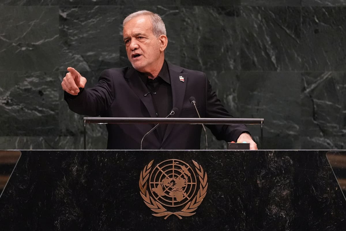 El presidente iraní Masoud Pezeshkian en la Asamblea General de las Naciones Unidas el 23 de septiem