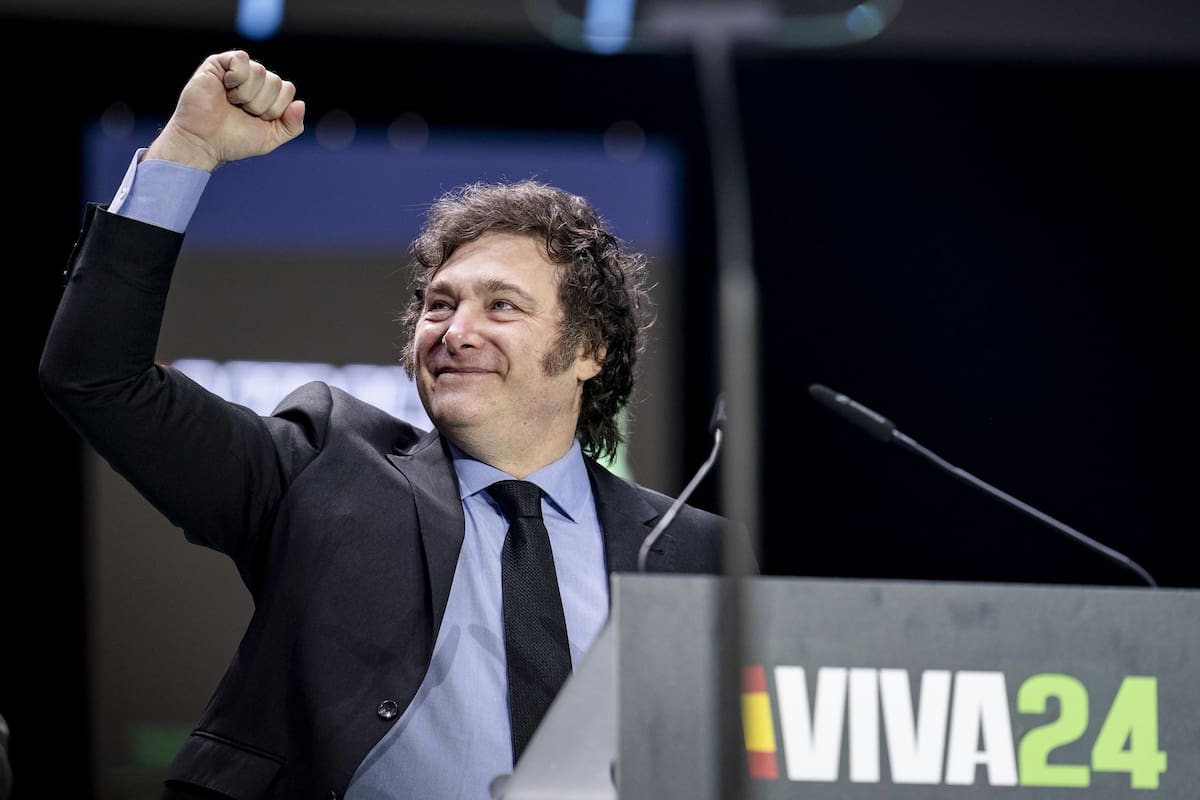 El presidente Javier Milei, durante el acto 'Viva 24' de VOX, en el Palacio de Vistalegre, el 19 de mayo de 2024, en Madrid