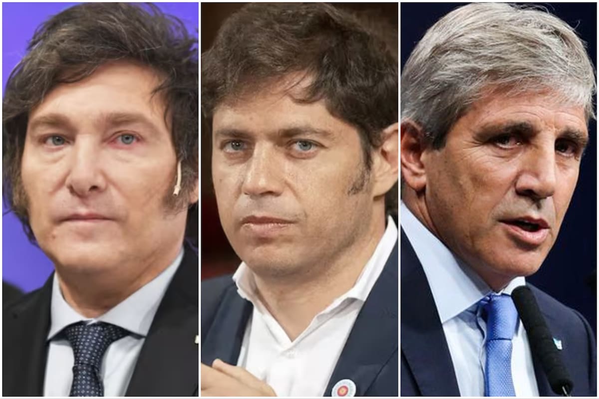 El presidente Javier Milei, el gobernador Axel Kicillof y el ministro de Economía Luis Caputo