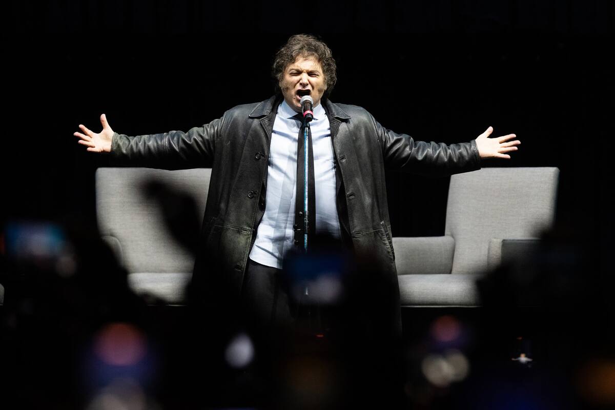El presidente Javier Milei, en la presentación de su libro "Capitalismo, socialismo y la trampa neoclásica" en el Luna Park.