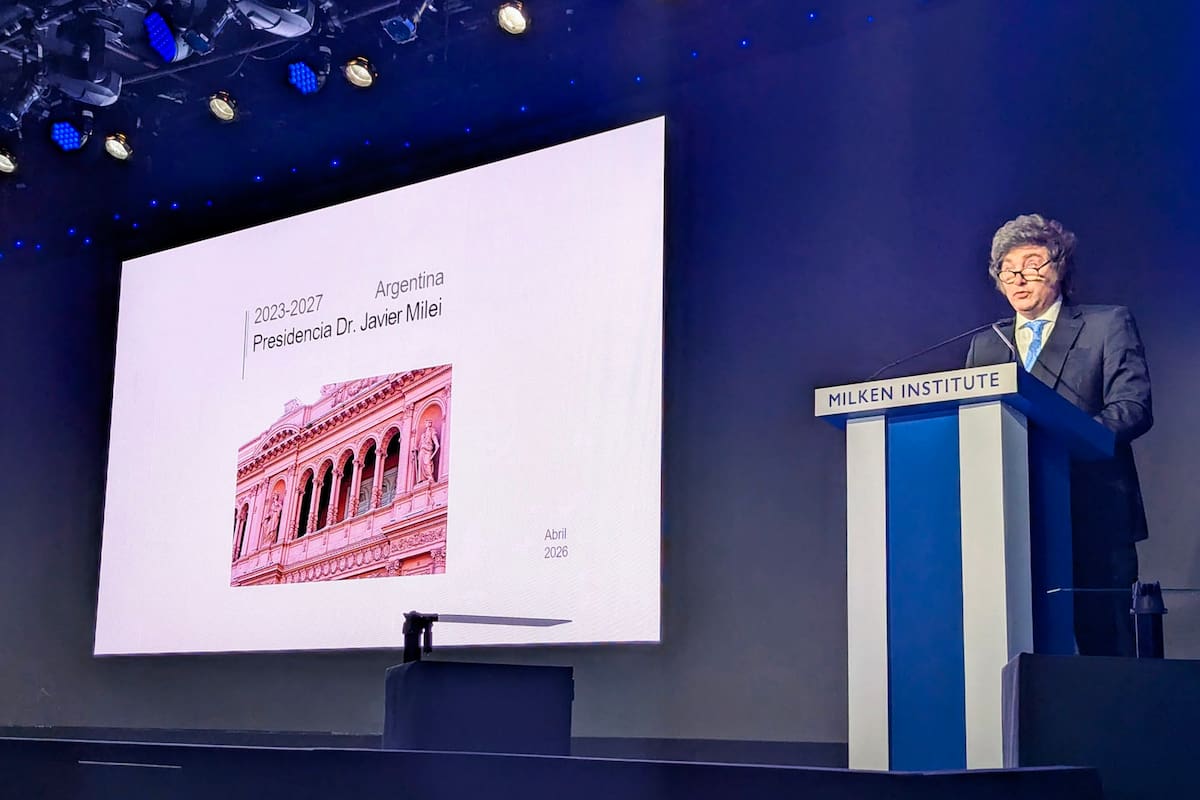 El presidente Javier Milei, en su exposición en la Conferencia Global del Instituto Milken, en Los Ángeles.
