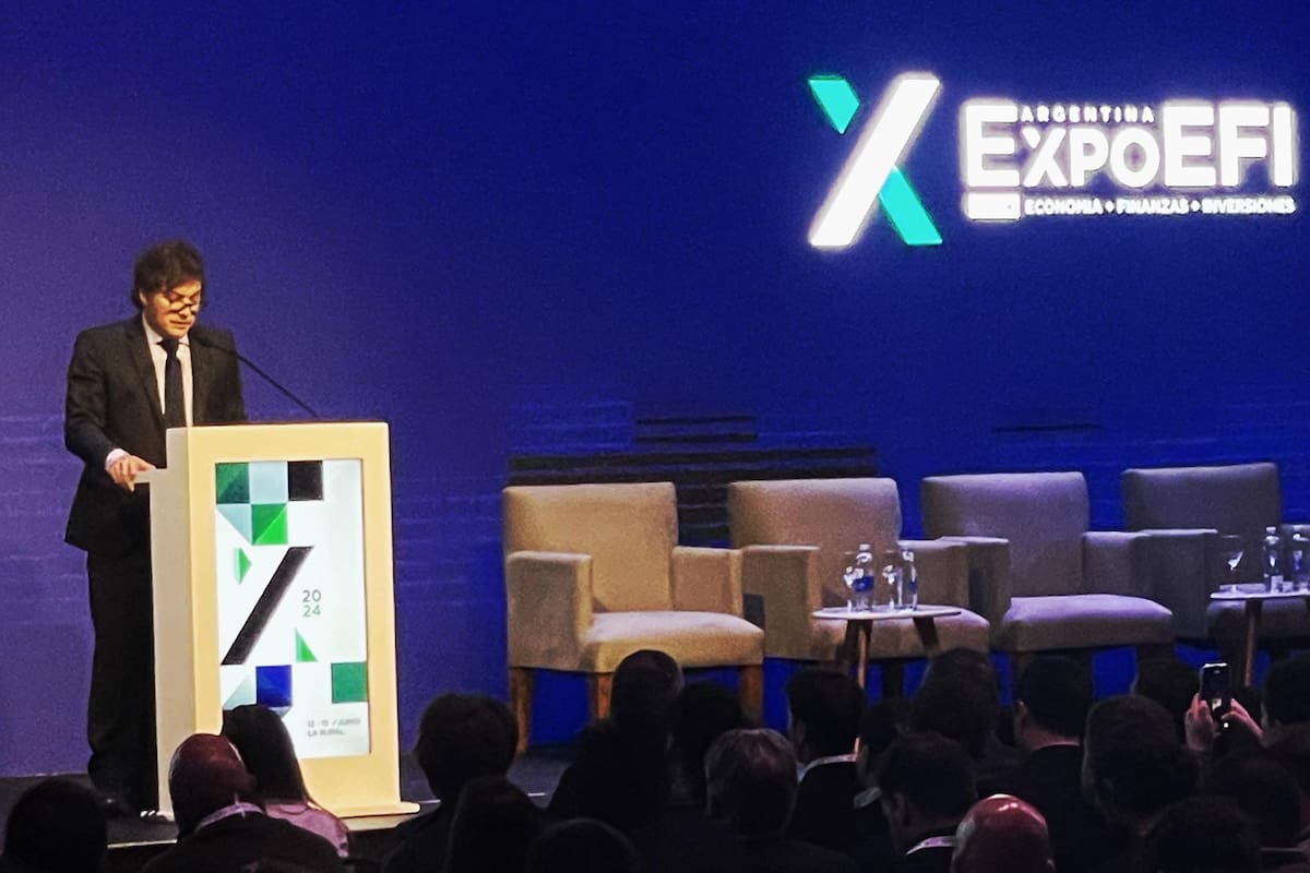 El presidente Javier Milei, este miércoles al disertar en la ExpoEFI, en el predio de la Sociedad Rural