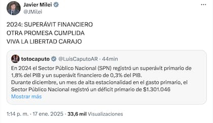 El presidente Javier Milei festejó el superávit financiero conseguido en el primer año de gobierno