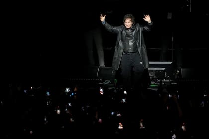 El presidente Javier Milei saluda a la multitud durante la presentación de su nuevo libro, "La construcción del milagro", en Buenos Aires, Argentina, el lunes 6 de octubre de 2025. (Foto AP/Natacha Pisarenko)