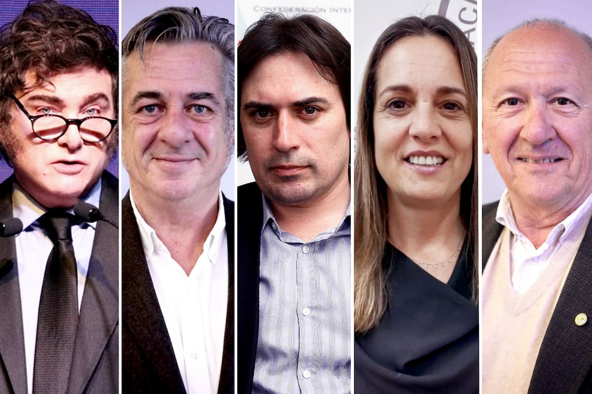 El presidente Javier Milei y los integrantes de la Mesa de Enlace: Nicolás Pino (SRA), Lucas Magnano (Coninagro), Andrea Sarnari (Federación Agraria) y Carlos Castagnani (CRA)