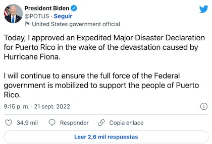 El presidente Joe Biden aprobó la declaración de desastre mayor para Puerto Rico