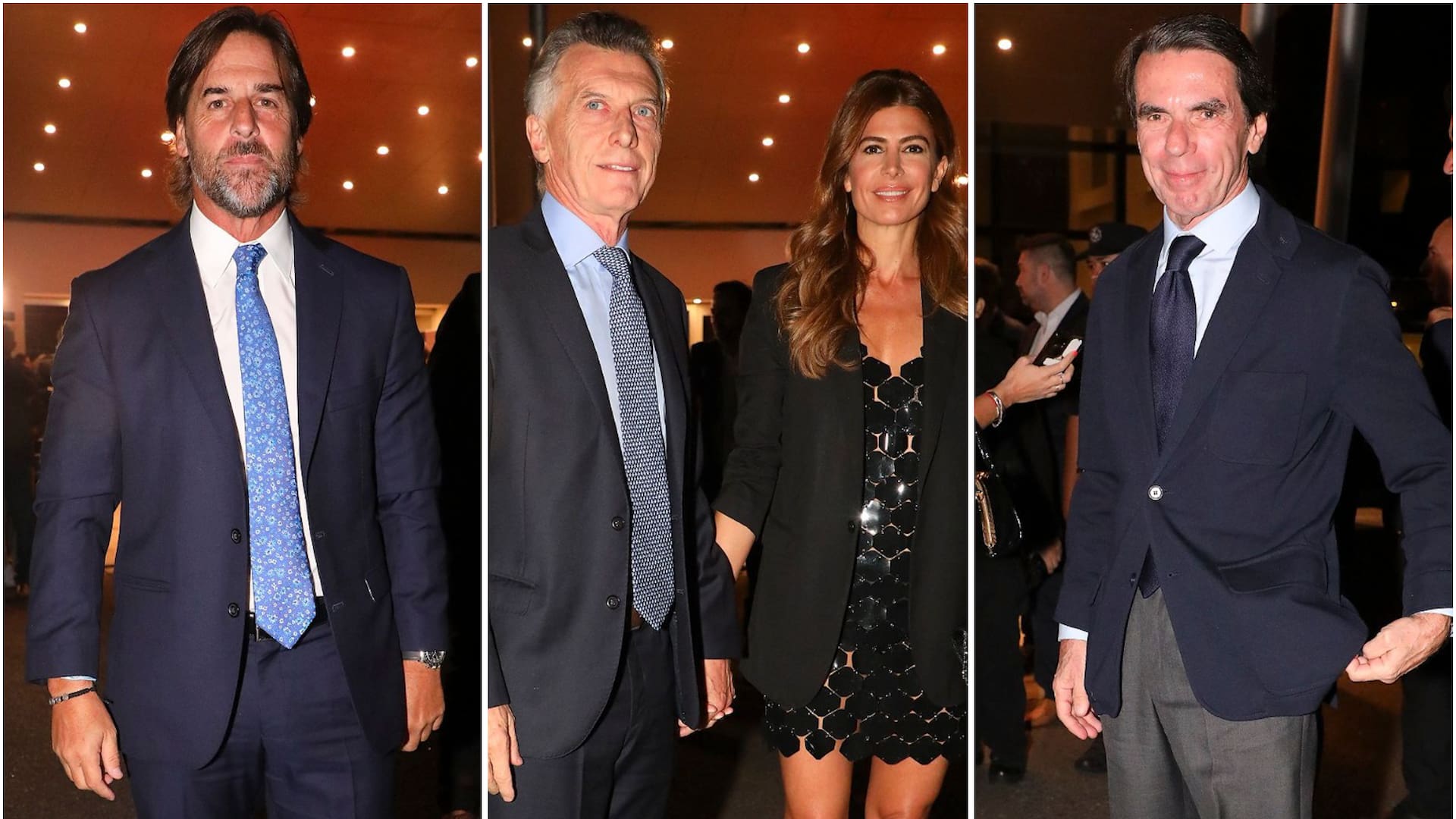 El presidente Lacalle Pou, el expresidente Mauricio Macri junto a su esposa, Juliana Awada, y el expresidente Aznar