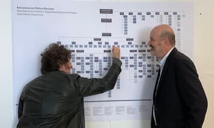El presidente Milei y el ministro Federico Sturzenegger: la reducción del empleo público es una de las vías en que el Gobierno aplica la “motosierra” sobre el gasto del Estado.