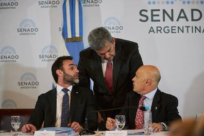 El presidente provisional del Senado, Bartolomé Abdala, y el jefe de la bancada libertaria, Ezequiel Atauche durante la reunión en comisión por el tratamiento del proyecto de Ley de Bases
