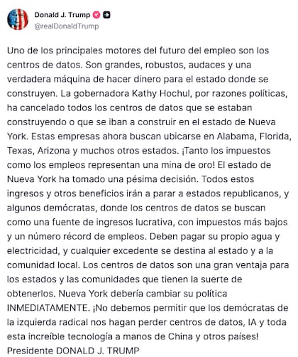 El presidente Trump dejó clara su posición en una publicación de redes sociales