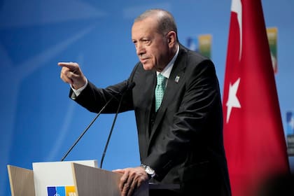 El presidente turco, Recep Tayyip Erdogan, en una conferencia de prensa en el marco de la cumbre de la OTAN en Vilna, Lituania, el 12 de julio de 2023. (AP Foto/Pavel Golovkin)