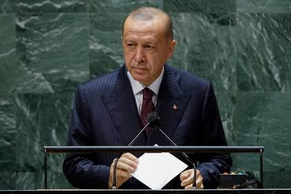 El presidente turco, Recep Tayyip Erdogan, habla durante la 76ta sesión de la Asamblea General de las Naciones Unidas, el martes 21 de septiembre de 2021 en las oficinas generales de las Naciones Unidas. (Eduardo Munoz/Fotografía de Pool vía AP)