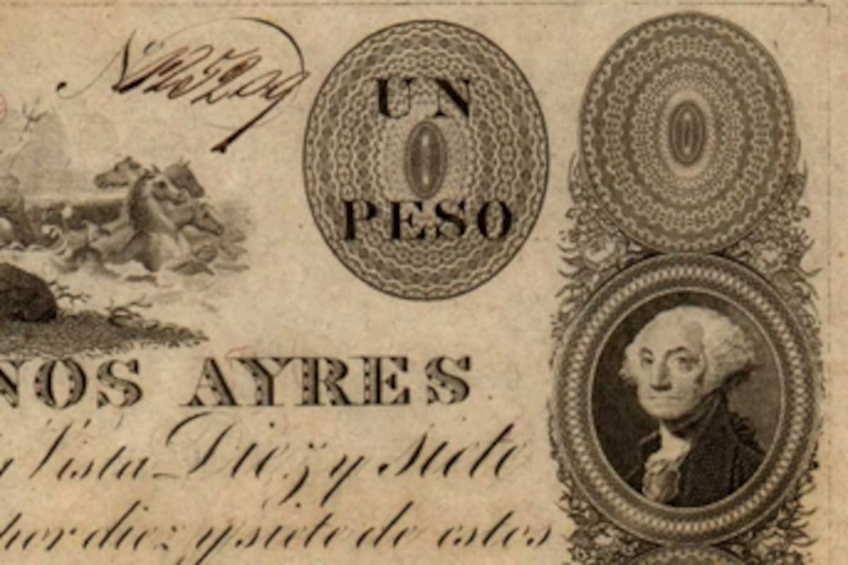 El primer billete argentino impreso en los Estados Unidos, con el retrato de George Washington