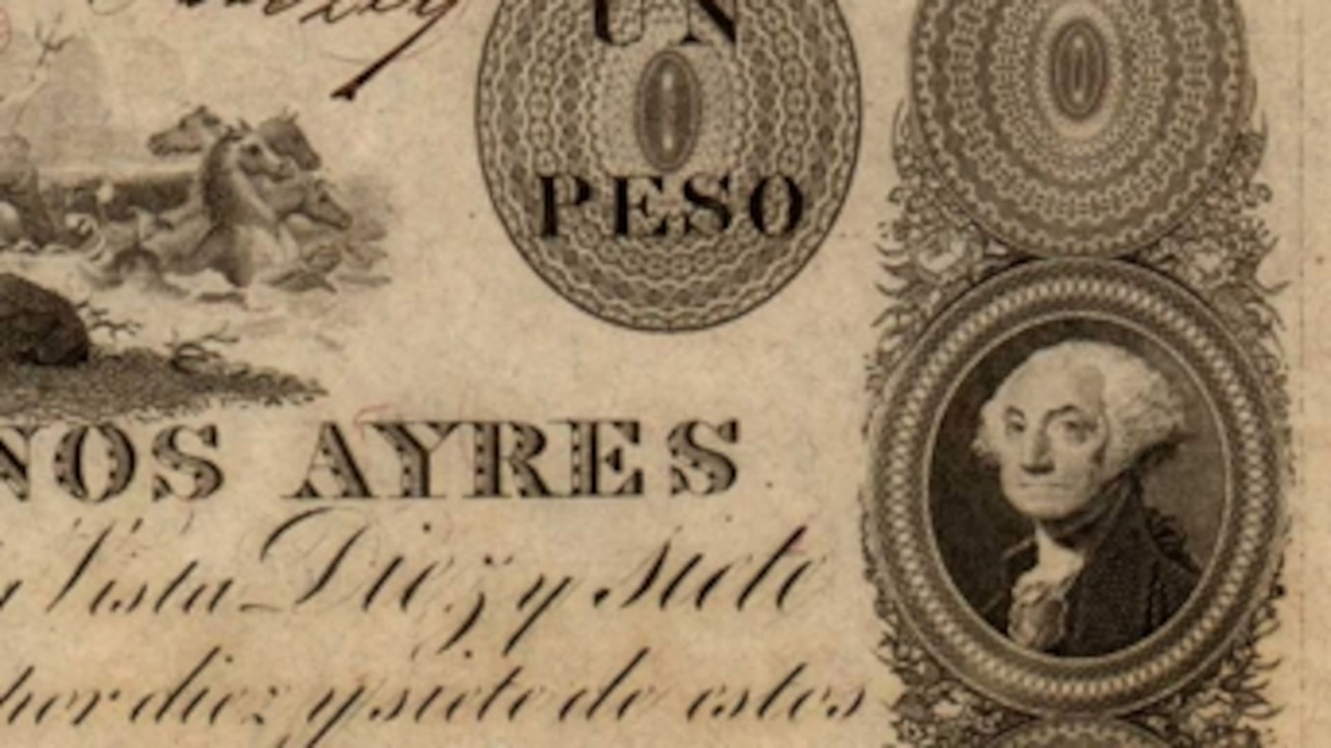 El primer billete argentino impreso en los Estados Unidos, con el retrato de George Washington