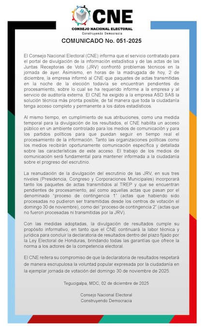El primer comunicado del CNE de Honduras sobre los problemas en la divulgación de resultados de las elecciones