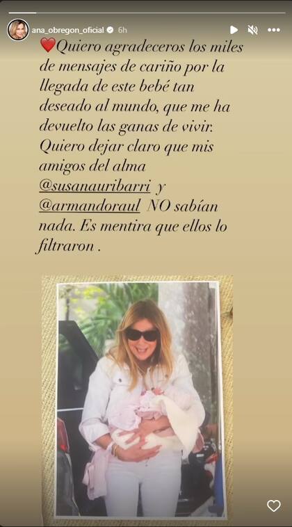 El primer descargo de Ana Obregón en sus redes sociales, donde desmiente que dos amigos hayan filtrado información a la prensa
