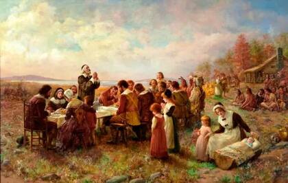 "El primer Día de Acción de Gracias en Plymouth", obra pictórica de Jennie Augusta Brownscombe, 1914