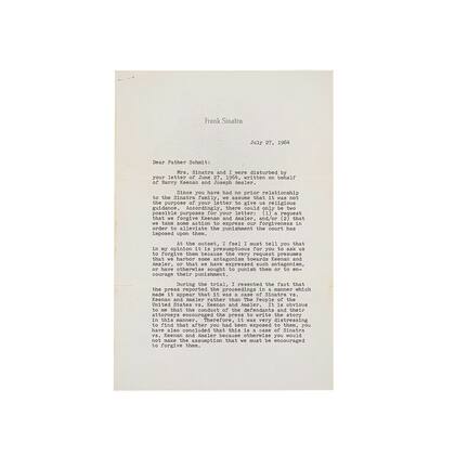 El primer folio de la carta de Sinatra a Schmit. Foto cedida por la casa de subastas Bonhams.
Cortesía de Bonhams