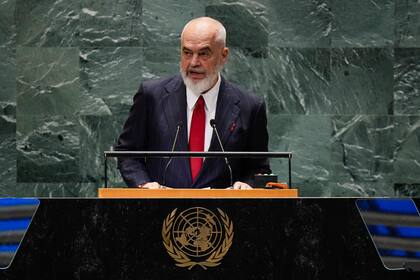 El primer ministro de Albania Edi Rama en la Asamblea General de Naciones Unidas, el domingo 22 de septiembre de 2024, en la sede de la ONU. (AP Foto/Frank Franklin II)