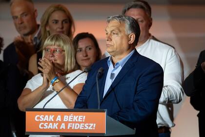 El primer ministro de Hungría, Viktor Orbán se dirige a los medios tras conocer los resultados de las elecciones al Parlamento Europeo en Budapest, Hungría, el lunes 10 de enero de 2024. (AP Foto/Denes Erdos)