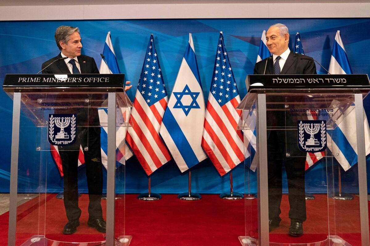 El primer ministro israelí, Benjamin Netanyahu y el secretario de Estado norteamericano, Antony Blinken en una rueda de prenda el 25 de mayo de 2021 en Jerusalén