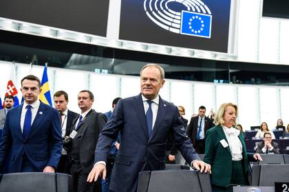 El primer ministro polaco Donald Tusk en la sede del Parlamento Europeo en Estrasburgo, Francia, el 22 de enero del 2025