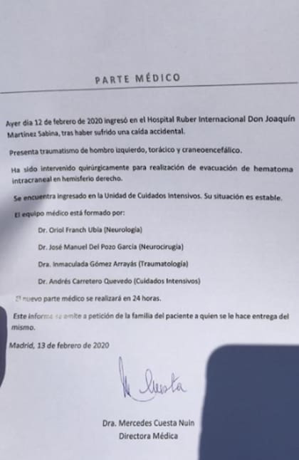 El primer parte médico del estado de salud de Joaquín Sabina