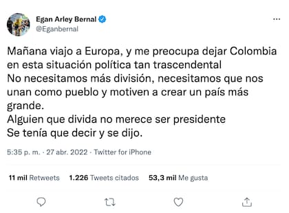 El primer twit de Edgan Bernal causó polémica