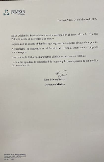 El primer, y hasta ahora único comunicado de la Trinidad sobre la salud de Alejandro Stoessel