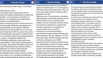 El principio de la extensa carta de Marcela Feudale