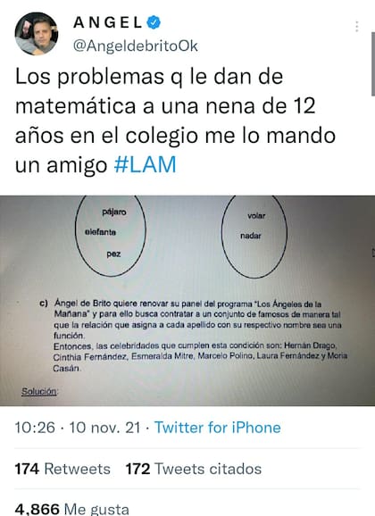 El problema matemático que subió Ángel de Brito en su cuenta de Twitter se viralizó